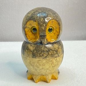 Owl Figurine Brown Gold Shiny Gloss Painted Marble Stone